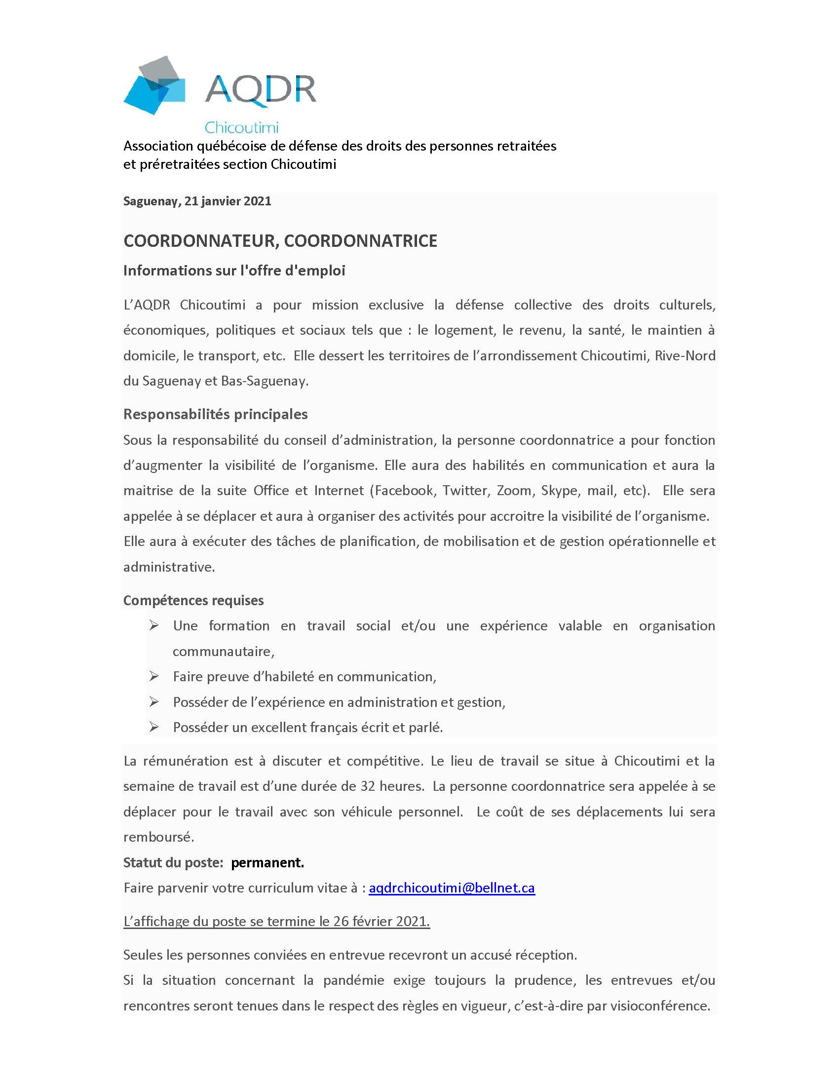 Affichage poste de coordonnation AQDR Chicoutimi janvier 2021